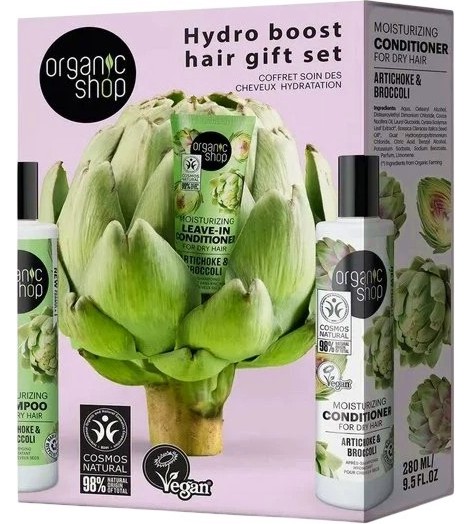 Подаръчен комплект Organic Shop Hydro Boost Подаръчен комплект Organic Shop Hydro Boost - Козметика за суха коса с био екстракт от артишок и био масло от броколи - продукт