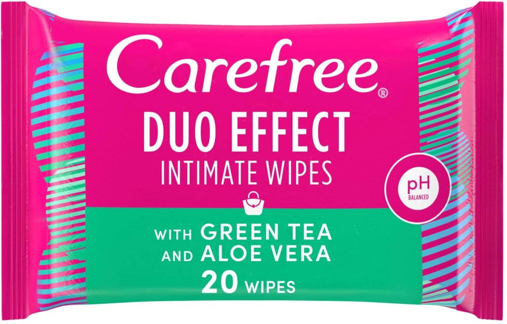 Carefree Duo Effect Daily Intimate Wipes - Интимни мокри кърпички със зелен чай и алое, 20 броя - мокри кърпички