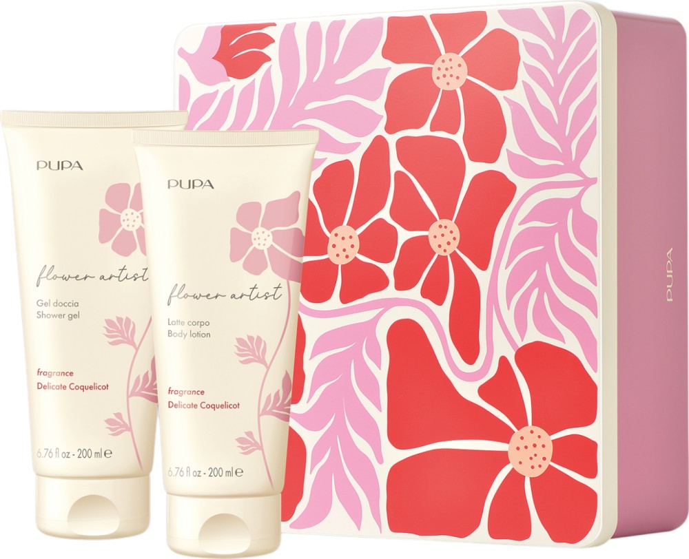 Подаръчен комплект с метална кутия PUPA Milano Flower Artist Delicate Coquelicot Подаръчен комплект с метална кутия PUPA Milano Flower Artist Delicate Coquelicot - Душ гел и лосион за тяло от серията Flower Artist - продукт