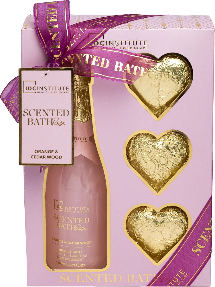 Подаръчен комплект IDC Institute Scented Bath Rose Подаръчен комплект IDC Institute Scented Bath Rose - Пяна и бомбички за вана с аромат на портокал и кедрово дърво - продукт