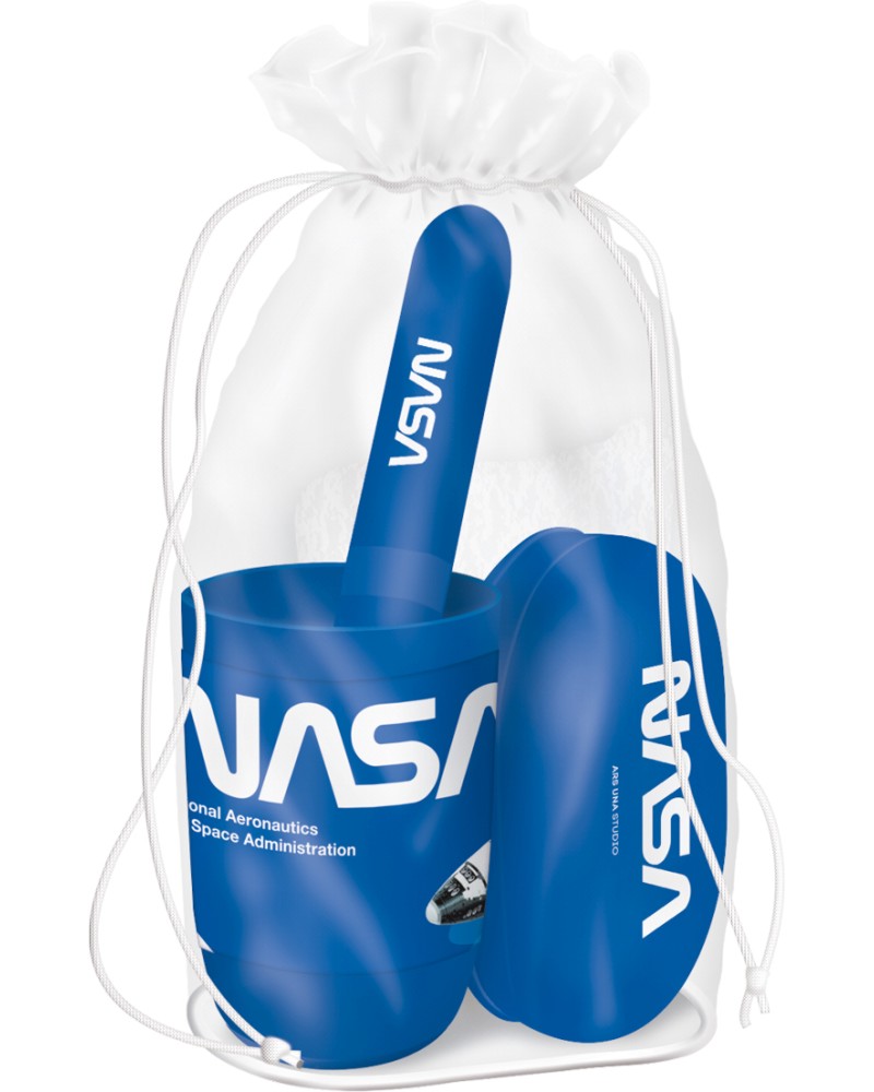 Детски комплект за баня Ars Una - Чаша, кутия за четка, сапунерка и кърпа от серията NASA - продукт