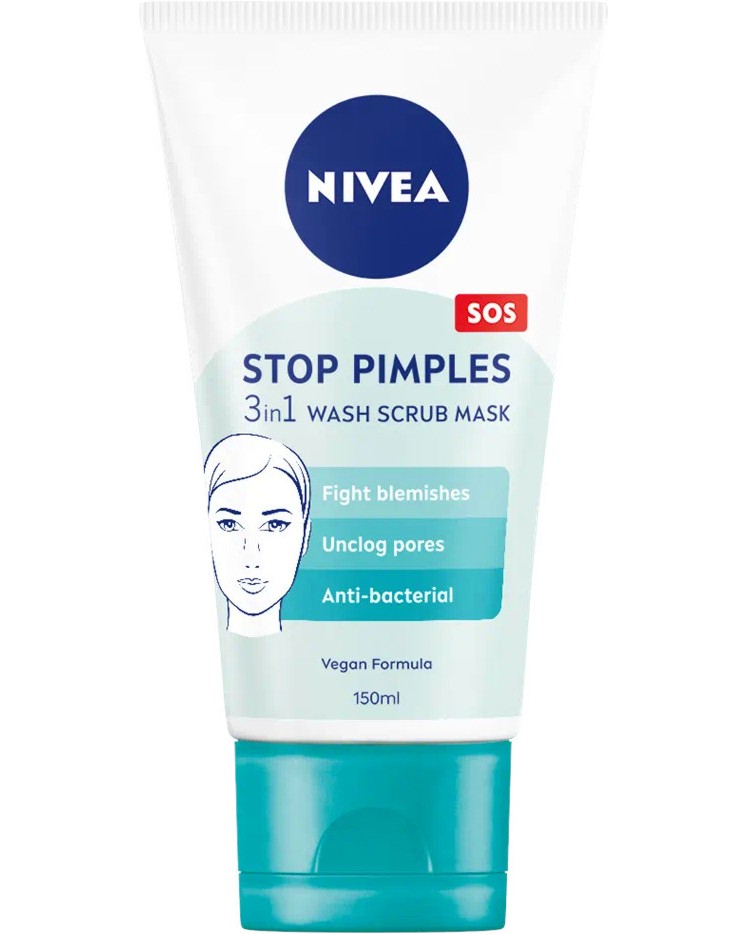 Nivea Stop Pimples 3 in 1 Wash Scrub Mask - Измиващ гел, скраб и маска за лице 3 в 1 - продукт