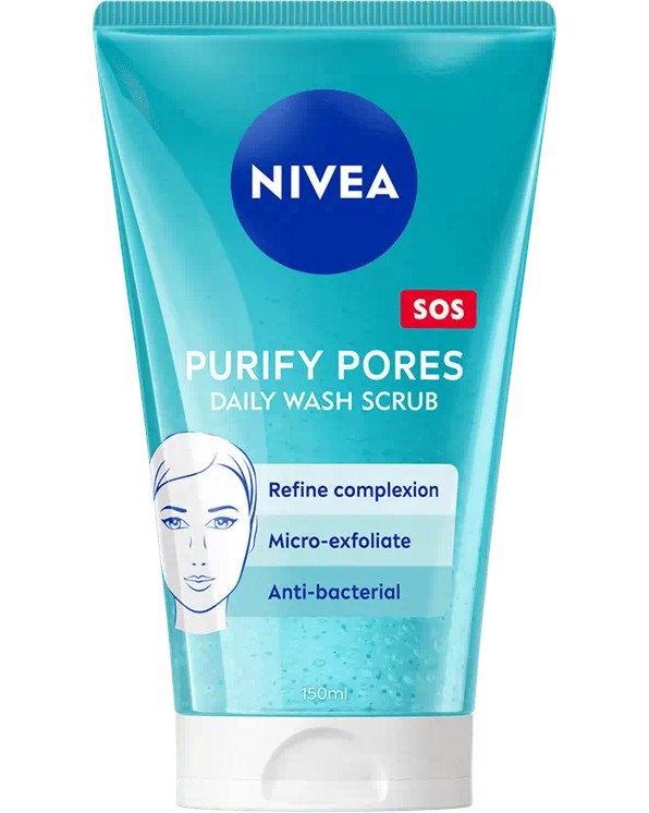 Nivea Purify Pores Daily Wash Scrub Nivea Purify Pores Daily Wash Scrub - Измиващ гел–скраб за лице за проблемна кожа - гел