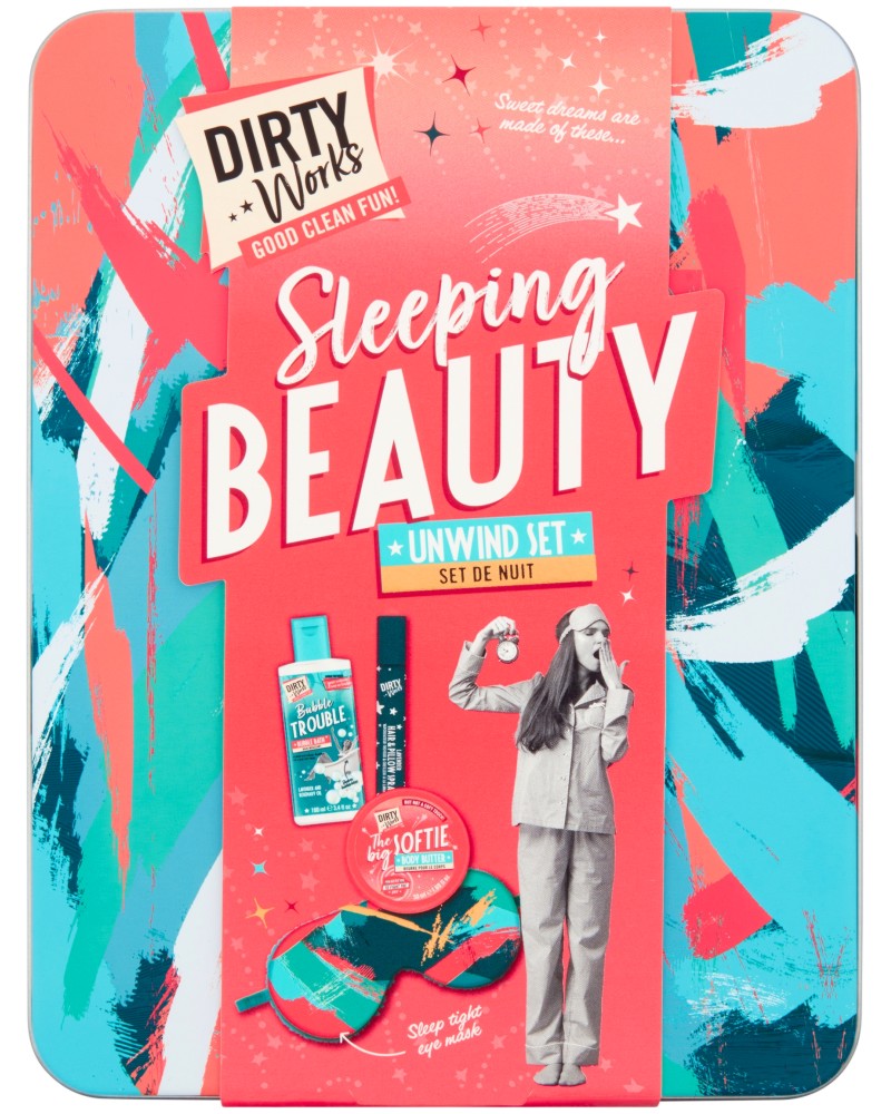 Подаръчен комплект Dirty Works Sleeping Beauty Подаръчен комплект Dirty Works Sleeping Beauty - Масло за тяло, пяна за вана, спрей и маска за сън - продукт