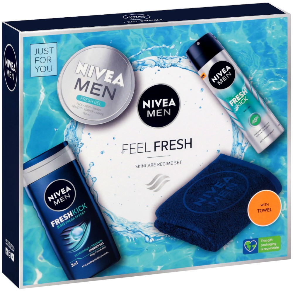 Подаръчен комплект Nivea Men Feel Fresh - Дезодорант, душ гел, гел крем и кърпа от серията Fresh Kick - продукт
