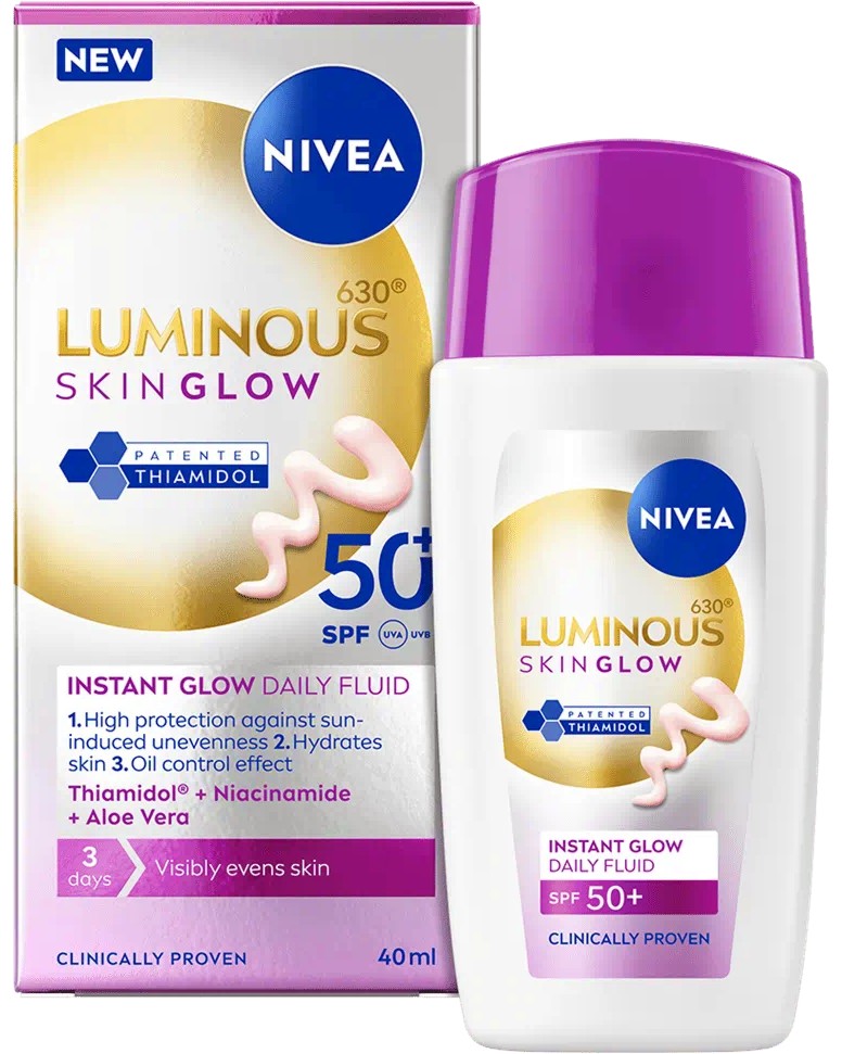 Nivea Luminous630 Skin Glow Instant Glow Daily Fluid SPF 50+ Nivea Luminous630 Skin Glow Instant Glow Daily Fluid SPF 50+ - Дневен флуид за лице от серията Luminous630 - продукт
