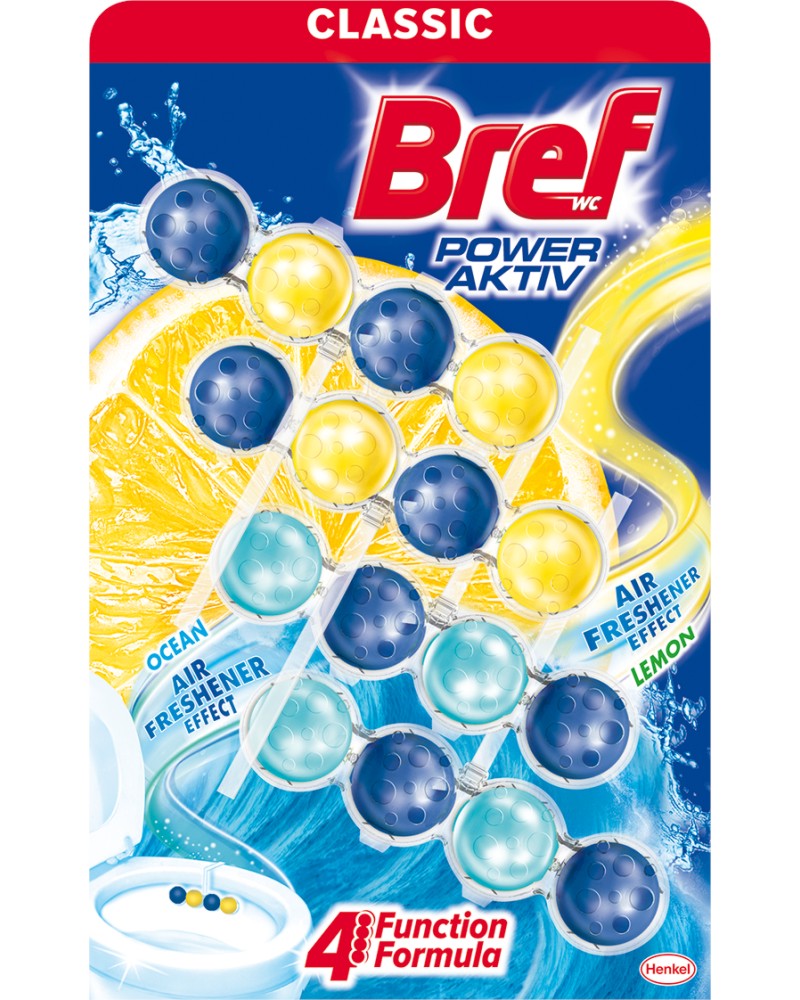 Тоалетни блокчета Bref Power Aktiv - 4 броя, с аромати лимон и океан - продукт