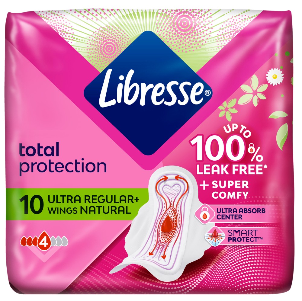 Libresse Total Protection Ultra Regular+ Natural Libresse Total Protection Ultra Regular+ Natural - 10 и 20 броя дамски превръзки с лайка и алое вера - дамски превръзки