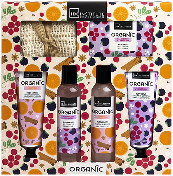 Подаръчен комплект IDC Institute Organic Подаръчен комплект IDC Institute Organic - Душ гел, лосион за тяло, пяна за вана, скраб за тяло, соли за вана и гъба за баня - продукт
