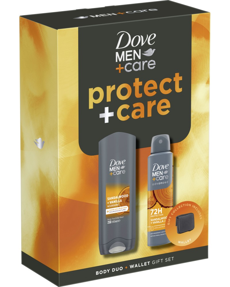 Dove Men+Care Sandalwood & Vanilla Dove Men+Care Sandalwood & Vanilla - Душ гел, спрей дезодорант и портфейл - продукт