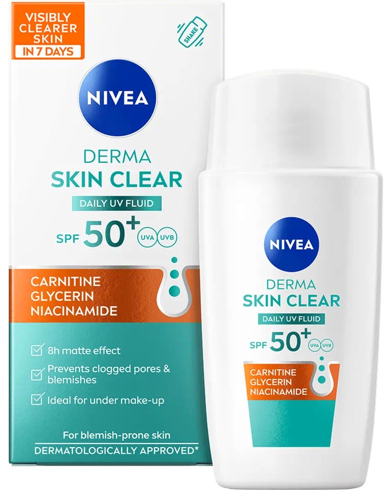 Nivea Derma Skin Clear Daily UV Fluid SPF 50+ Nivea Derma Skin Clear Daily UV Fluid SPF 50+ - Слънцезащитен флуид за лице за склонна към акне кожа от серията Derma Skin Clear - продукт