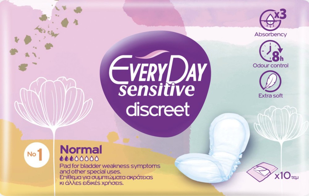 EveryDay Sensitive Discreet Normal - 10 броя дамски превръзки за тежка менструация и лека инконтиненция - дамски превръзки