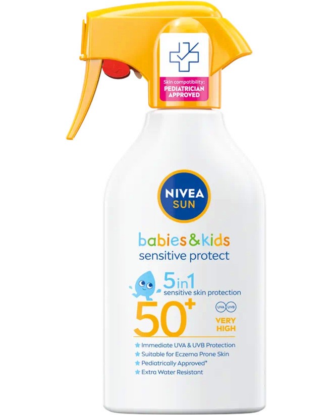 Nivea Sun Babies & Kids Sensitive Protect 5 in 1 Spray 50+ Nivea Sun Babies & Kids Sensitive Protect 5 in 1 Spray 50+ - Слънцезащитен спрей за бебета и деца с помпа от серията Nivea Sun - продукт