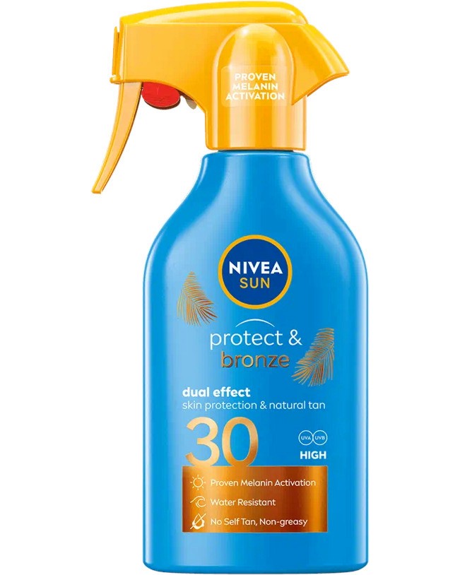 Nivea Sun Protect & Bronze Spray SPF 30 Nivea Sun Protect & Bronze Spray SPF 30 - Слънцезащитен спрей с помпа за тен от серията Nivea Sun - продукт
