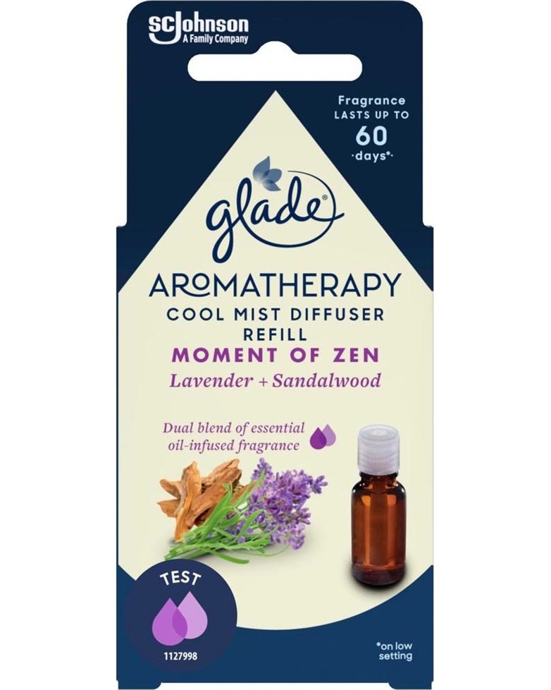 Пълнител за светещ арома дифузер Glade Aromatherapy Пълнител за светещ арома дифузер Glade Aromatherapy - 17 ml с аромат на сандалово дърво и лавандула - продукт