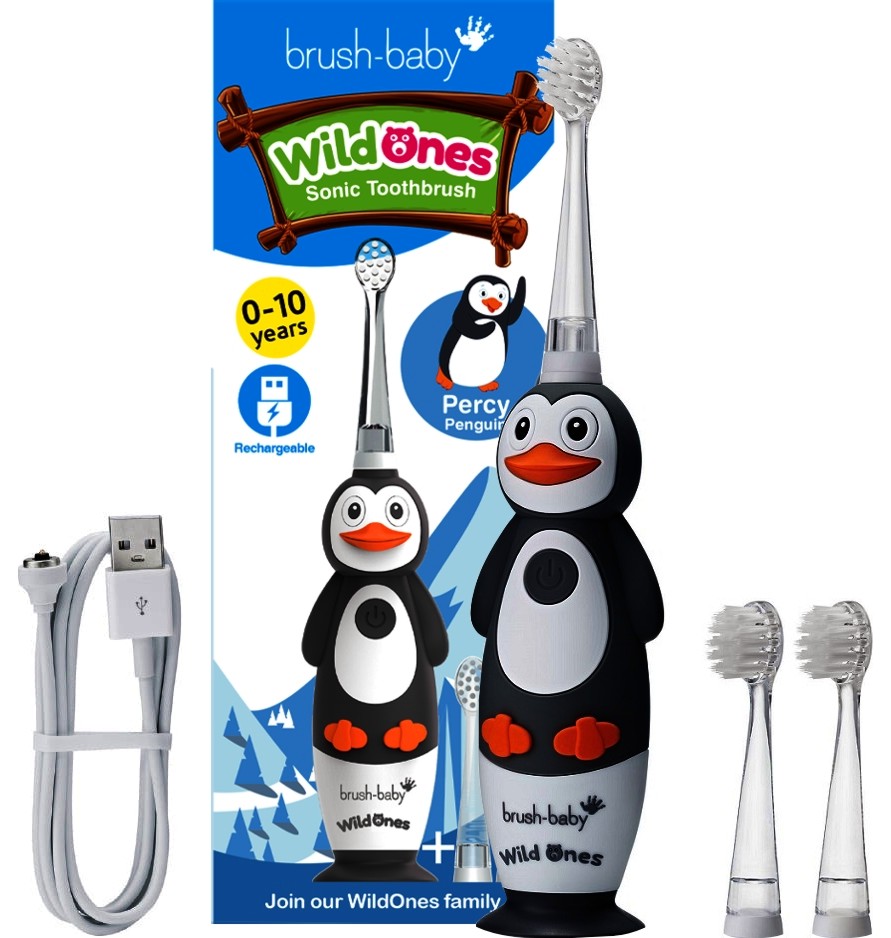 brush-baby WildOnes Penguin Rechargeable Toothbrush - Електрическа четка за зъби за деца от 0 до 10 години - четка