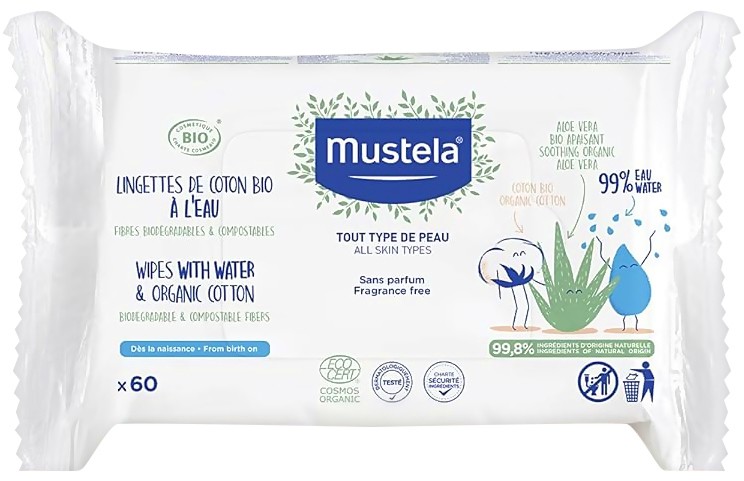 Mustela Organic Cotton Wipes With Water - 60 ,  99%    -  
