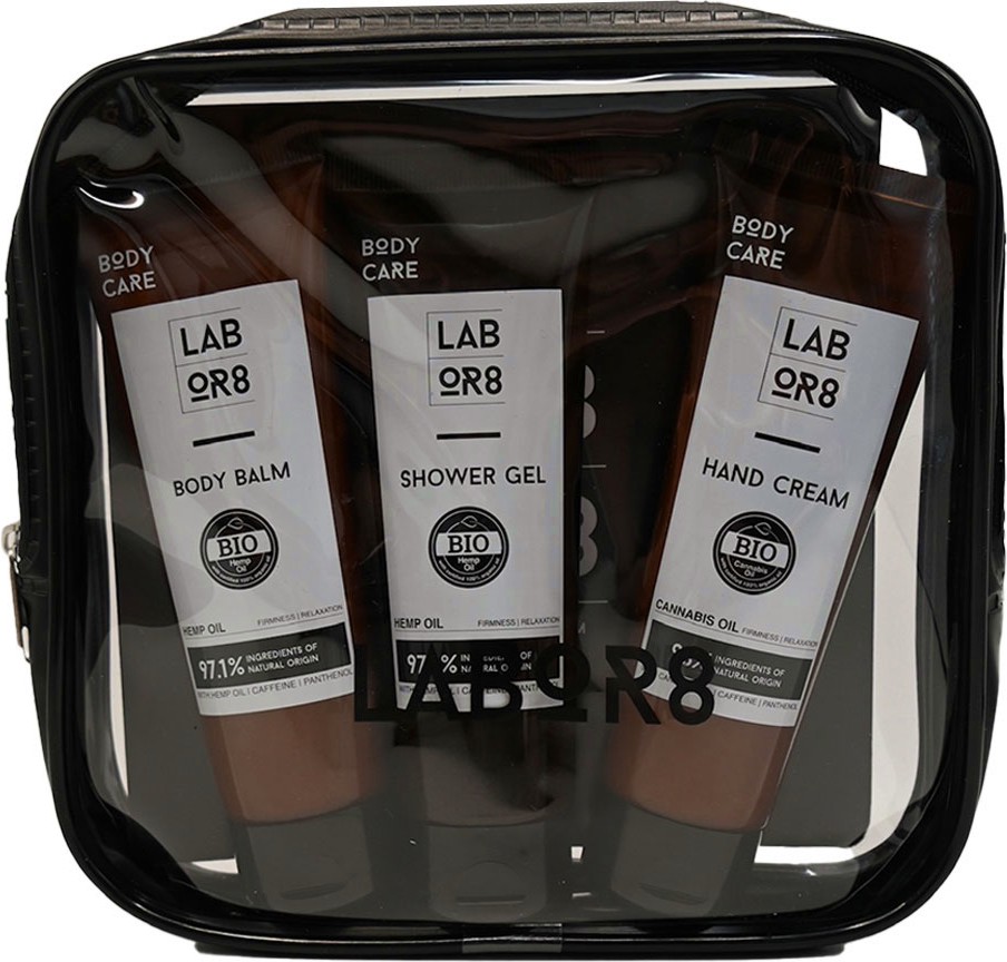 Подаръчен комплект с несесер LABOR8 Travel Kit Подаръчен комплект с несесер LABOR8 Travel Kit - Душ гел, балсам за тяло и крем за ръце с конопено семе - продукт