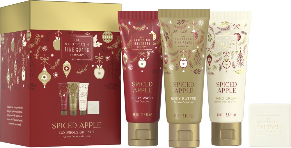 Подаръчен комплект Scottish Fine Soaps Spiced Apple Подаръчен комплект Scottish Fine Soaps Spiced Apple - Душ гел, сапун, масло за тяло и крем за ръце и нокти - продукт