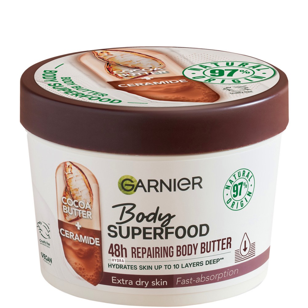 Garnier Body Superfood 48h Repairing Butter Garnier Body Superfood 48h Repairing Butter - Възстановяващо масло за тяло с какао и серамиди от серията Body Superfood - масло