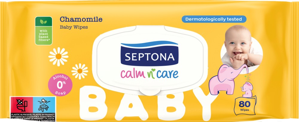 Бебешки мокри кърпички Septona - 80 броя, с лайка - мокри кърпички