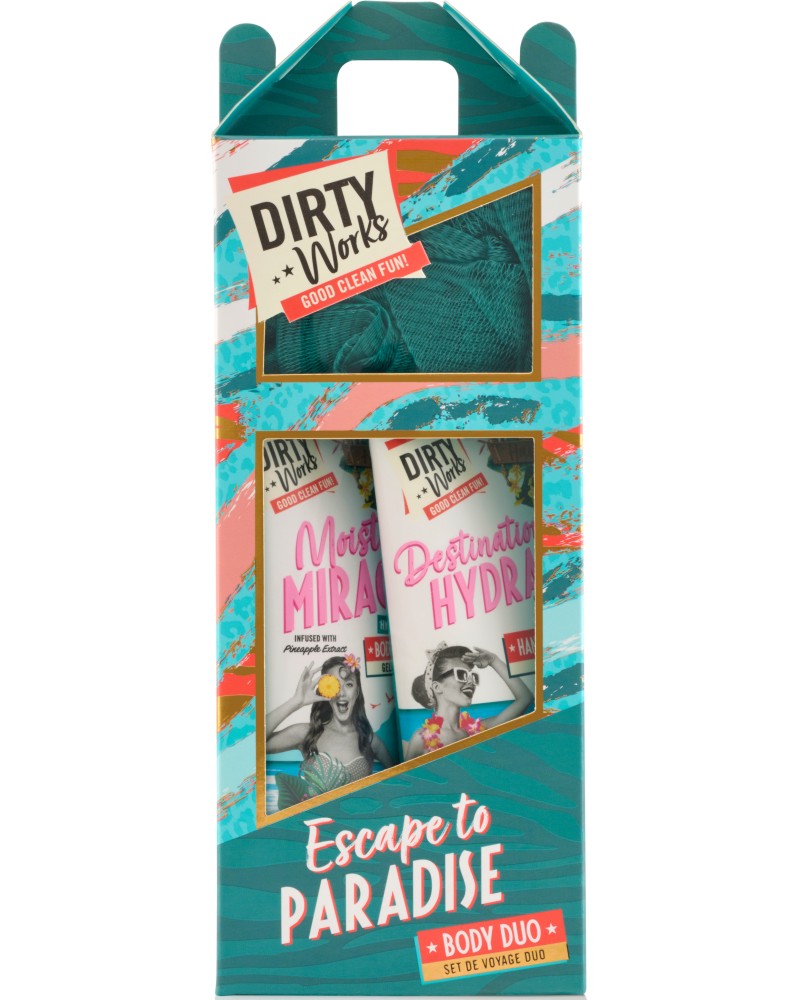 Подаръчен комплект Dirty Works Escape To Paradise - Лосион за ръце и тяло, душ гел и гъба за баня - продукт