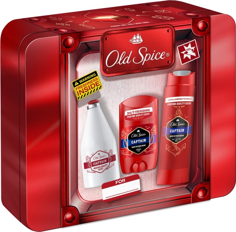 Подаръчен комплект с метална кутия Old Spice Captain Подаръчен комплект с метална кутия Old Spice Captain - Душ гел, лосион за след бръснене и стик дезодорант от серията Captain - продукт