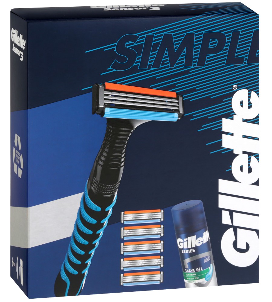 Подаръчен комплект Gillette Sensor 3 Simple - Самобръсначка, резервни ножчета и гел за бръснене - продукт