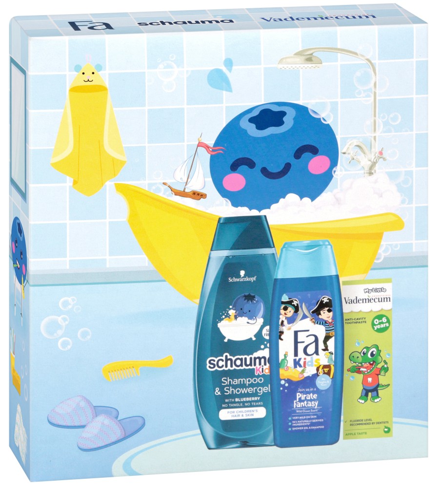 Подаръчен комплект за момчета Fa & Schauma & Vademecum - Детски шампоан, душ гел и паста за зъби - продукт
