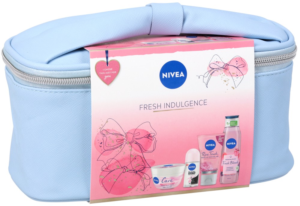 Подаръчен комплект с несесер Nivea Fresh Indulgence - Крем, измиващ гел, ролон и душ гел - продукт