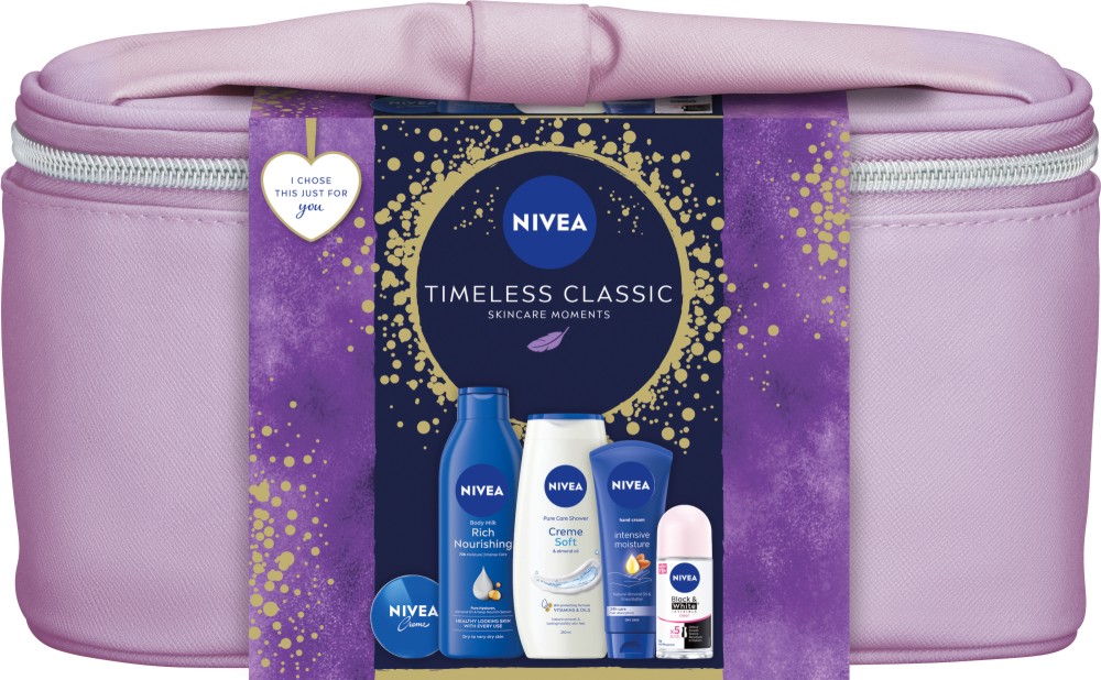 Подаръчен комплект с несесер Nivea Timeless Classic Подаръчен комплект с несесер Nivea Timeless Classic - Душ крем, мляко за тяло, универсален крем, ролон и крем за ръце - продукт