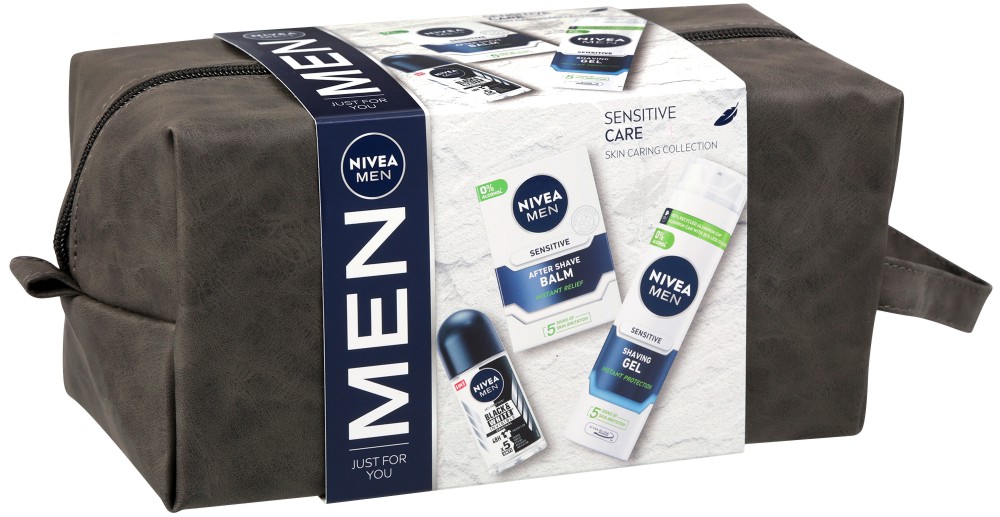 Подаръчен комплект с несесер Nivea Men Sensitive - Гел за бръснене, афтършейв балсам и ролон - продукт