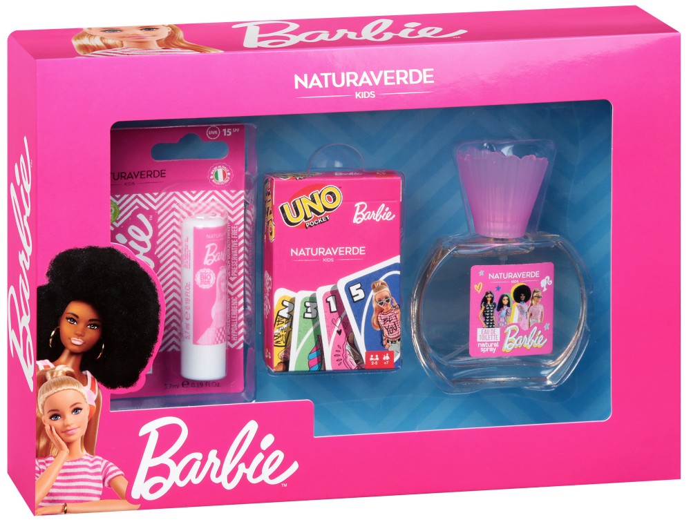 Подаръчен комплект за момиче Barbie - Парфюм, балсам за устни и карти за игра Barbie - продукт
