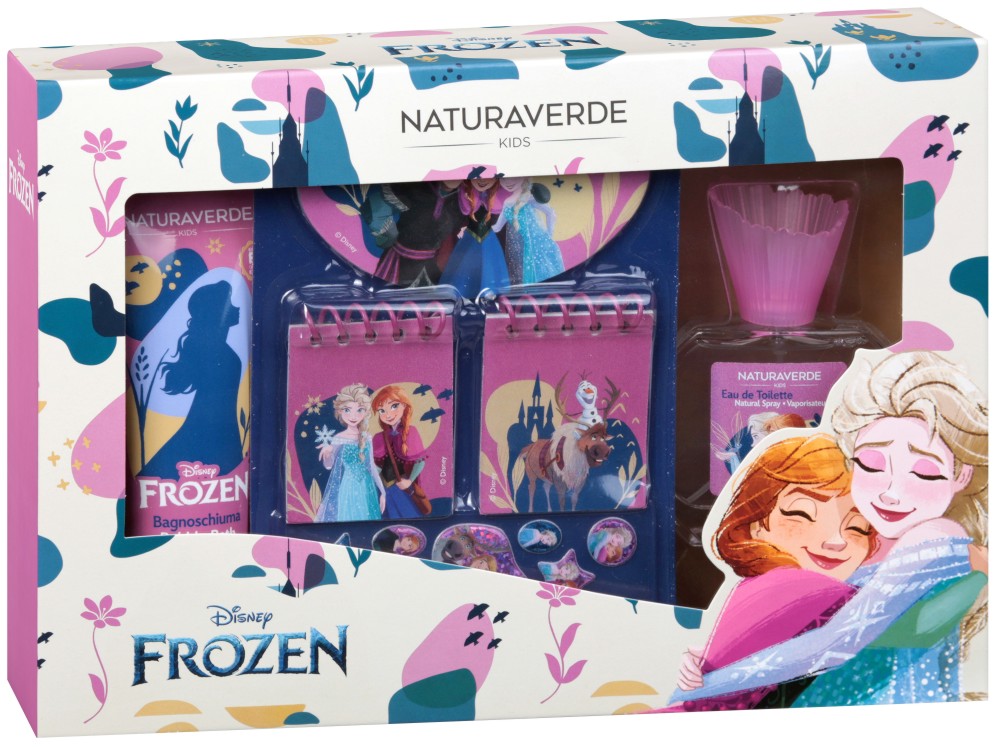 Подаръчен комплект за момиче Frozen - Пяна за вана, парфюм, тефтерчета и стикери на тема Замръзналото кралство - продукт