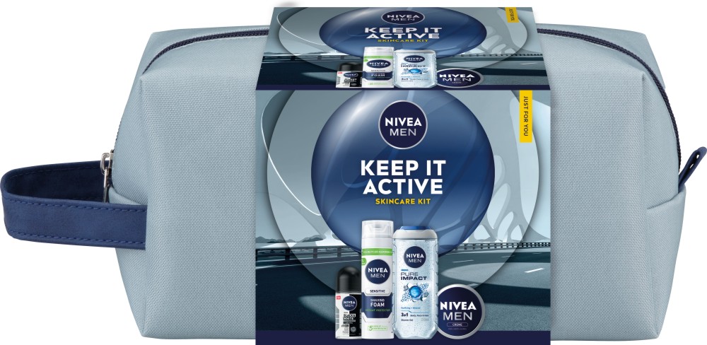 Подаръчен комплект с несесер Nivea Men Keep It Active Подаръчен комплект с несесер Nivea Men Keep It Active - Душ гел, пяна за бръснене, универсален крем и ролон дезодорант - продукт