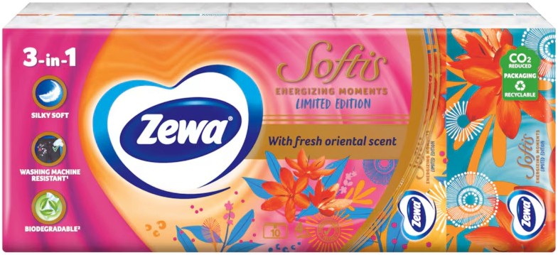 Носни кърпички Zewa Softis Energizing Moments Носни кърпички Zewa Softis Energizing Moments - 10 пакетчета x 9 кърпички - продукт