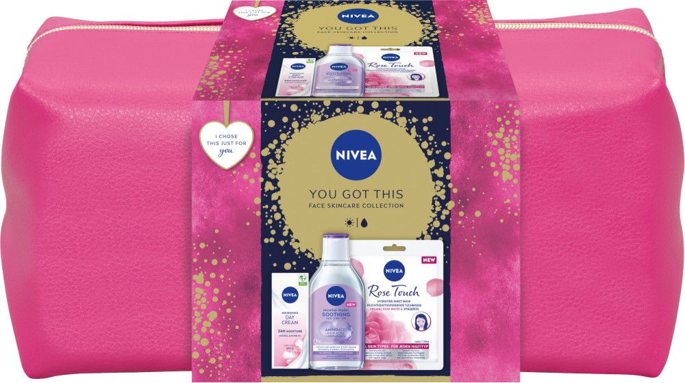 Подаръчен комплект с несесер Nivea You Got This Подаръчен комплект с несесер Nivea You Got This - Мицеларна вода, крем за лице и маска - продукт
