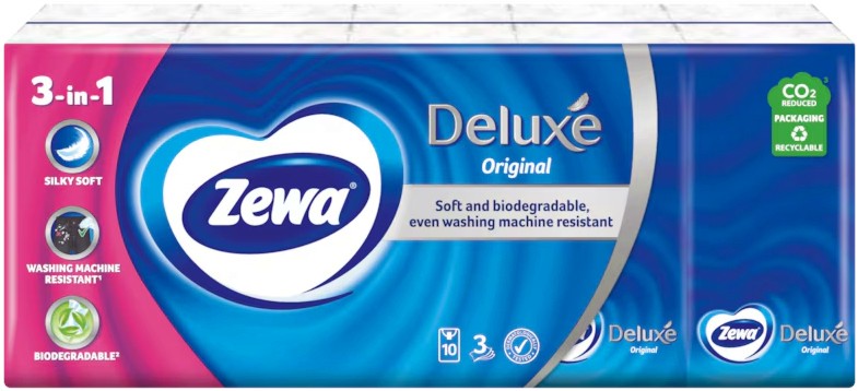 Носни кърпички Zewa Deluxe Original Носни кърпички Zewa Deluxe Original - 10 пакетчета x 10 кърпички - продукт