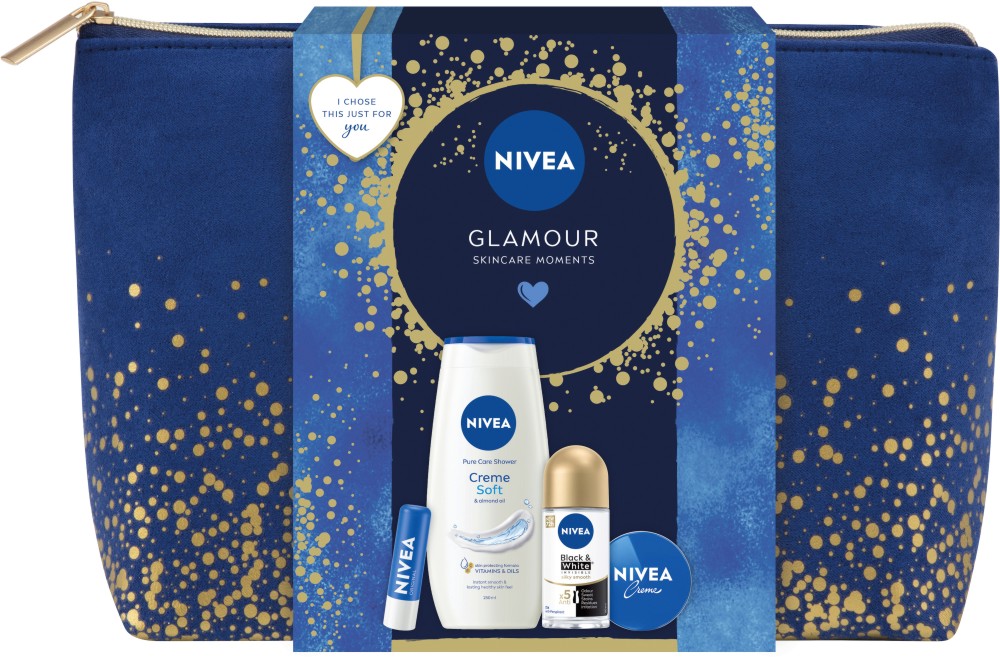 Подаръчен комплект с несесер Nivea Glamour Подаръчен комплект с несесер Nivea Glamour - Душ крем, ролон, крем и балсам за устни - продукт