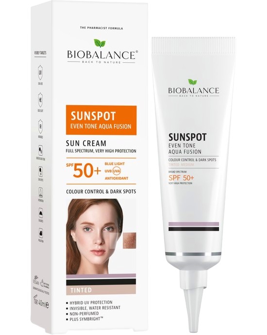 BioBalance SUNSPOT Even Tone Aqua Fusion Tinted Sun Cream SPF 50+ BioBalance SUNSPOT Even Tone Aqua Fusion Tinted Sun Cream SPF 50+ - Тониращ слънцезащитен крем за лице за кожа с пигменти петна - крем