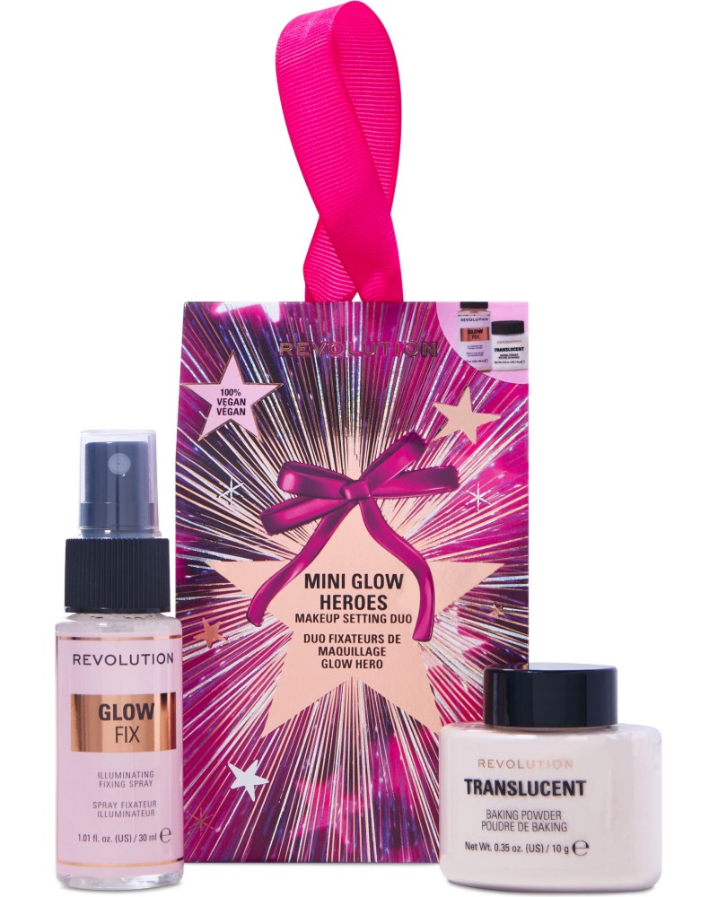 Makeup Revolution Mini Glow Heroes Setting Duo Makeup Revolution Mini Glow Heroes Setting Duo - Подаръчен комплект с фиксираща пудра и спрей - продукт