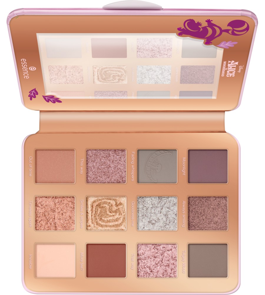 Essence Disney Alice in Wonderland Eyeshadow Palette 01 All Smiles Here Essence Disney Alice in Wonderland Eyeshadow Palette 01 All Smiles Here - Палитра с 12 цвята сенки за очи от серията Disney Alice in Wonderland - сенки