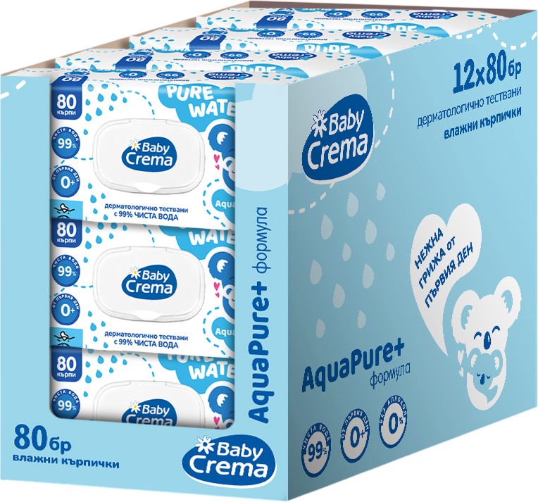 Мокри кърпички Baby Crema AquaPure+ Мокри кърпички Baby Crema AquaPure+ - 12 x 80 броя, с 99% чиста вода - мокри кърпички