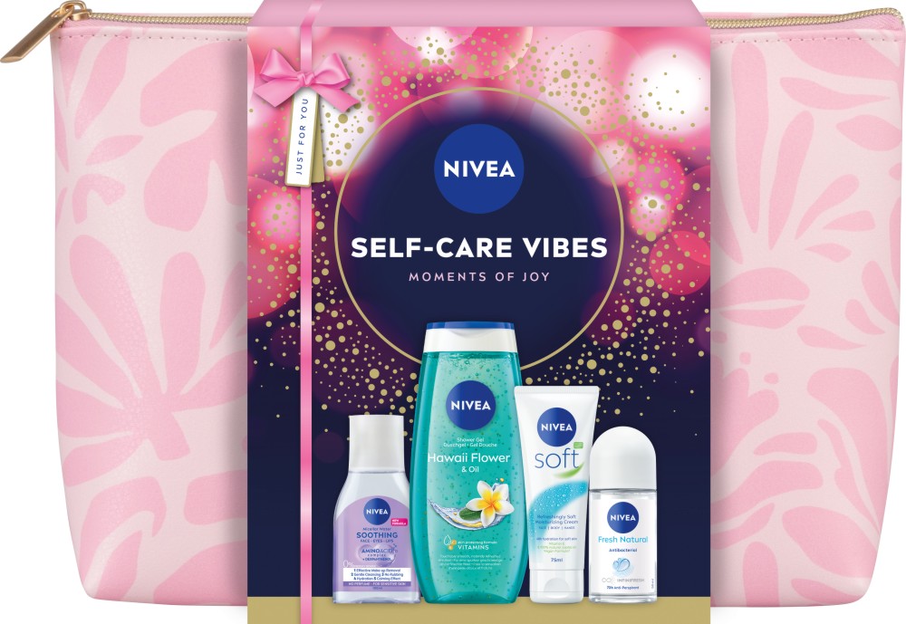 Подаръчен комплект с несесер Nivea Self-Care Vibes Подаръчен комплект с несесер Nivea Self-Care Vibes - Мицеларна вода, душ гел, универсален крем и ролон дезодорант - продукт