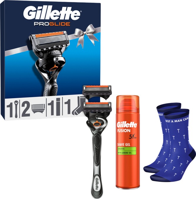Подаръчен комплект Gillette ProGlide Подаръчен комплект Gillette ProGlide - Самобръсначка, резервни ножчета, гел за бръснене и чорапи - продукт