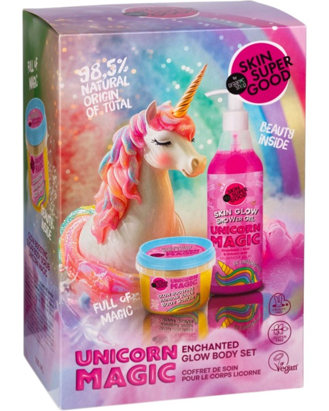 Подаръчен комплект Organic Shop Skin Super Good Unicorn Magic Enchanted Glow Подаръчен комплект Organic Shop Skin Super Good Unicorn Magic Enchanted Glow - Захарен скраб за тяло и душ гел - продукт