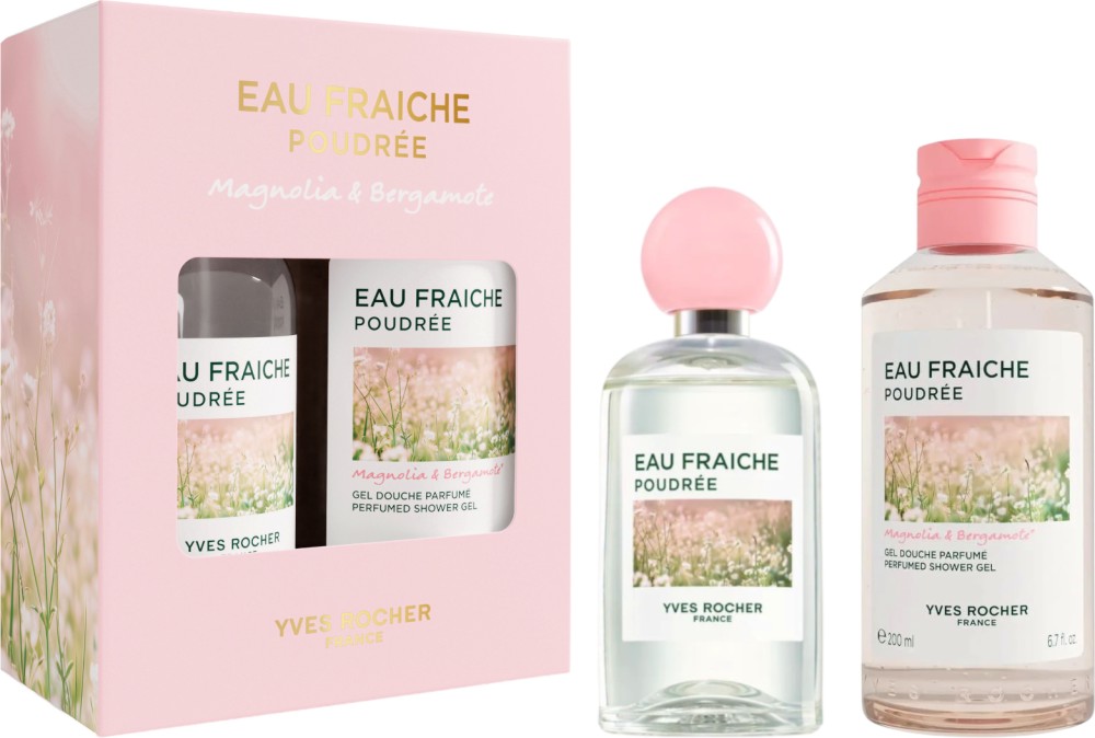 Подаръчен комплект Yves Rocher Eau Fraiche Poudree Подаръчен комплект Yves Rocher Eau Fraiche Poudree - Дамски парфюм и душ гел от серията Eau Fraiche - продукт