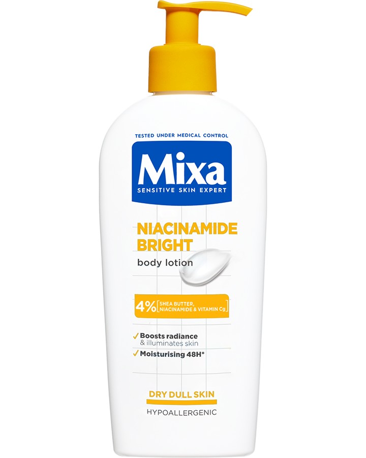 Mixa Niacinamide Bright Body Lotion Mixa Niacinamide Bright Body Lotion - Лосион за тяло с 4% масло от ший, ниацинамид и витамин C от серията Niacinamide Bright - лосион