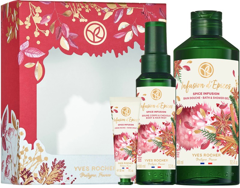 Подаръчен комплект Yves Rocher Spice Infusion Подаръчен комплект Yves Rocher Spice Infusion - Душ гел, мист за коса и тяло и крем за ръце - продукт