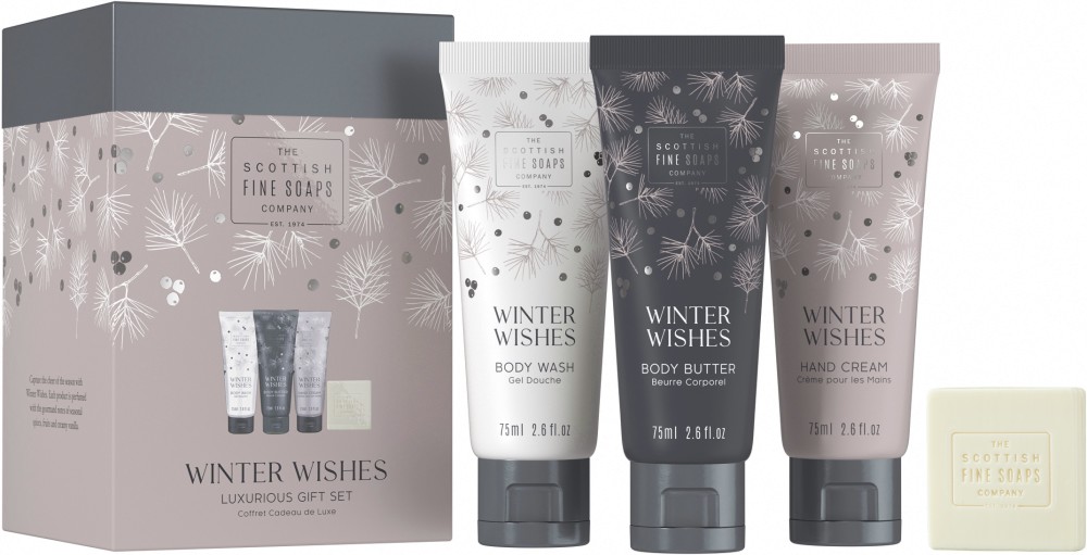Подаръчен комплект Scottish Fine Soaps Winter Wishes Подаръчен комплект Scottish Fine Soaps Winter Wishes - Душ гел, масло за тяло, крем за ръце и сапун - продукт